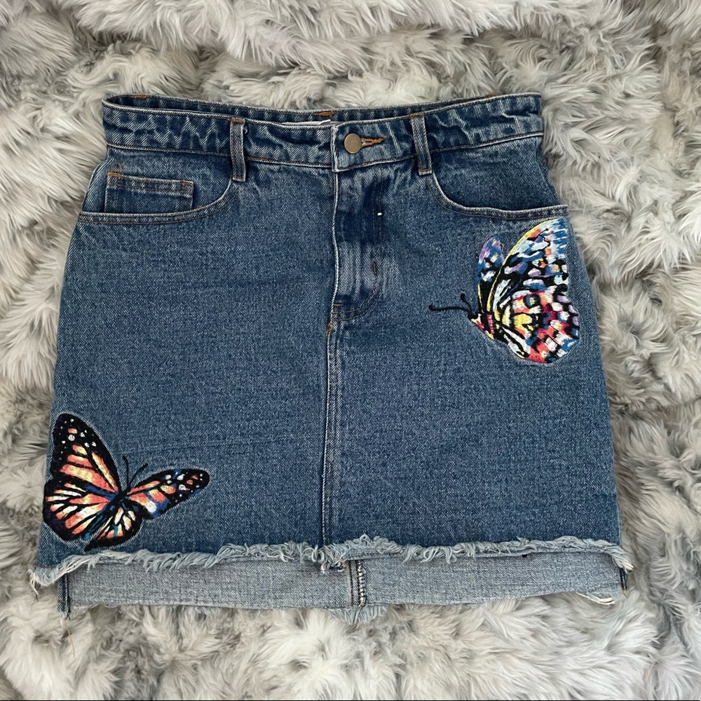 High Waisted Denim Skirt with Butterfly Embroidery